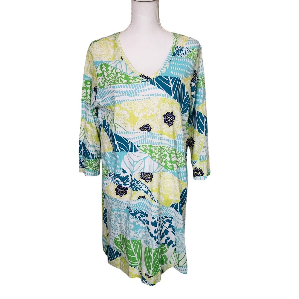 Caribbean Joe Swim Cover Up Dress Green Yellow Blue Floral Print Sixe XL Petite